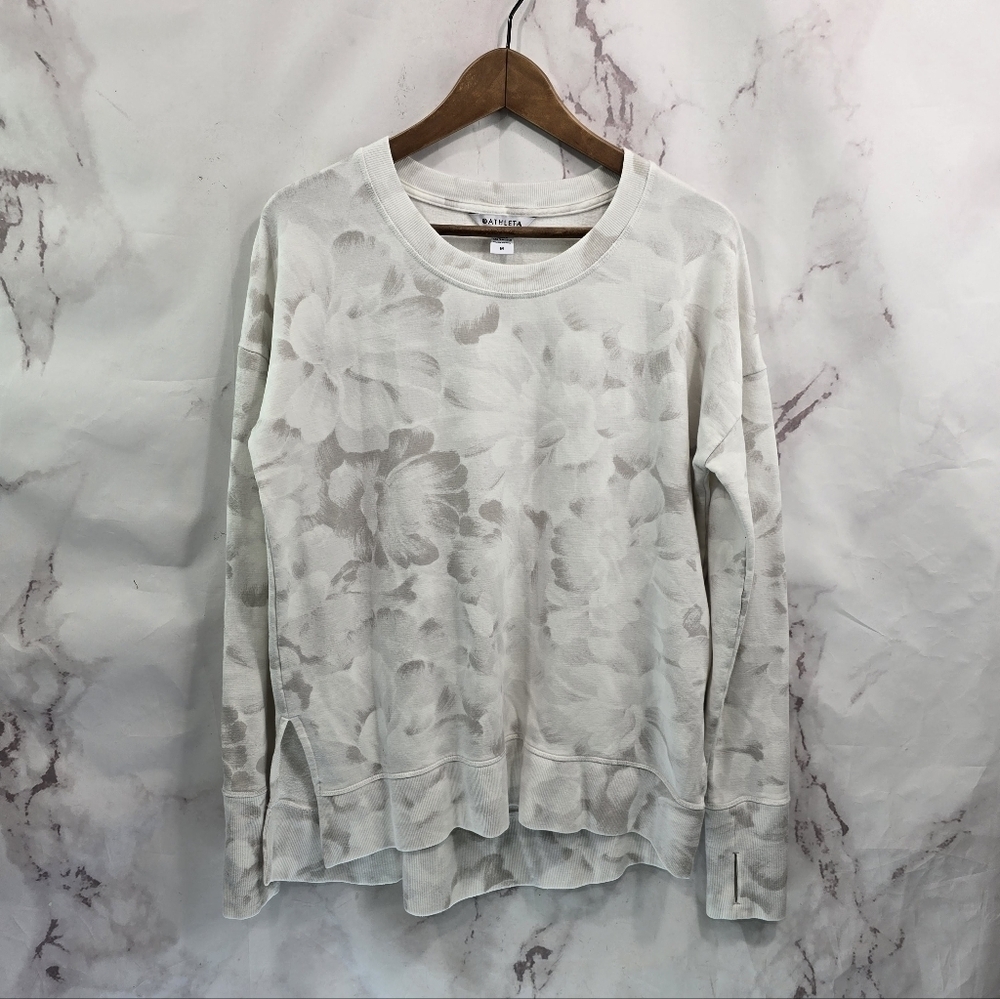 Athleta Sweatshirt Womens Medium White Gray Coaster Luxe Floral Pullover Raglan